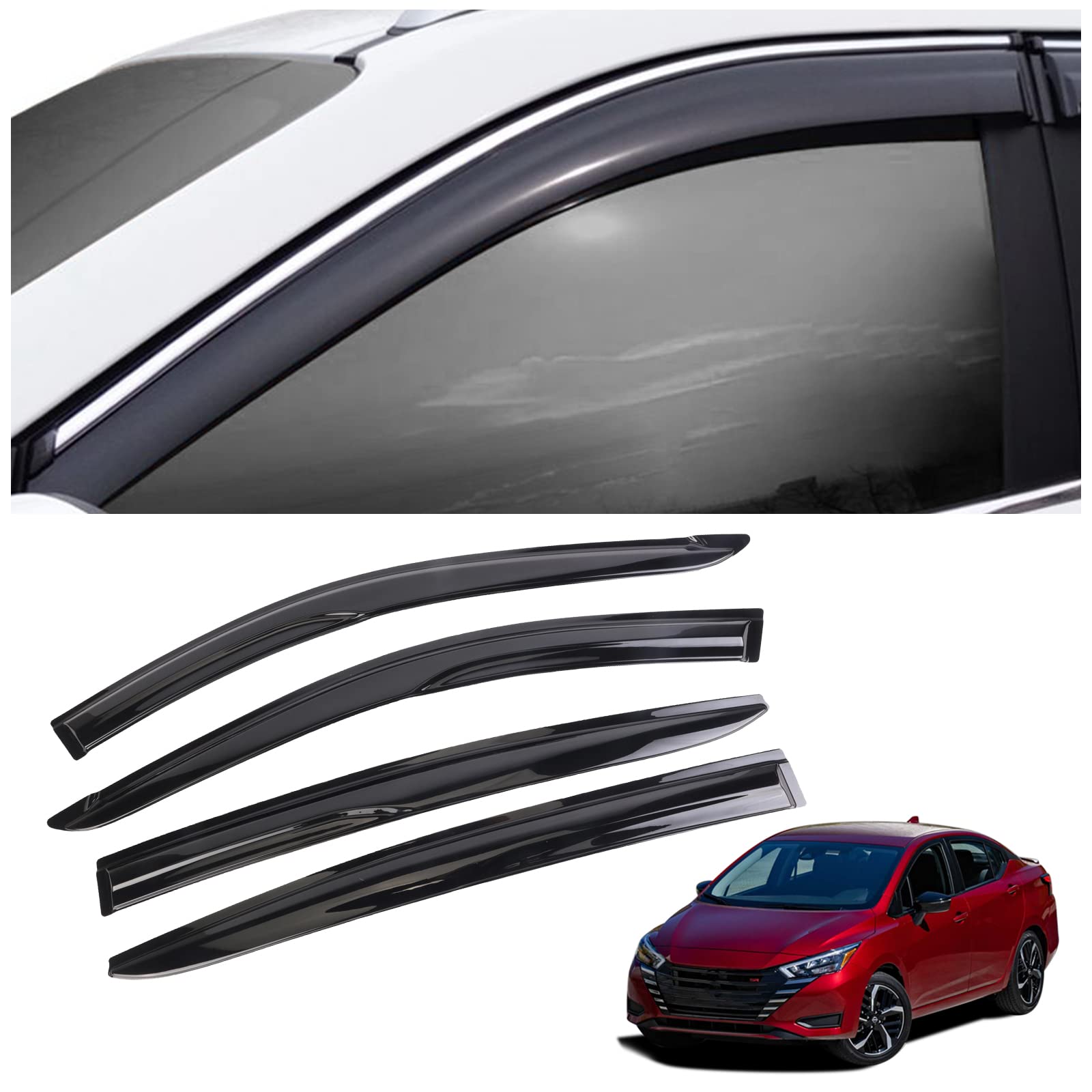 Saoknce 4 Pieces Tape-On Extra Durable Rain Guards Fit For 2020-2023 Nissan Versa,Window Deflectors,Window Visors (Smoke Black)